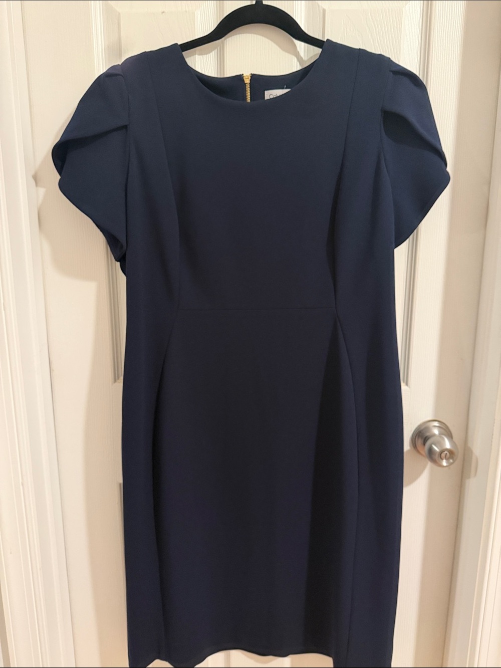 Calvin Klein Navy Puff-Sleeve Midi Sheath Dress